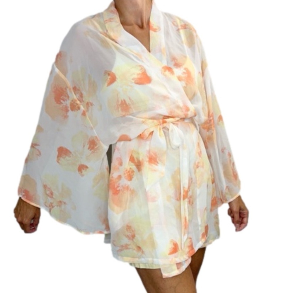 La Vie En Rose white peach yellow floral chiffon kimono jacket robe L XL